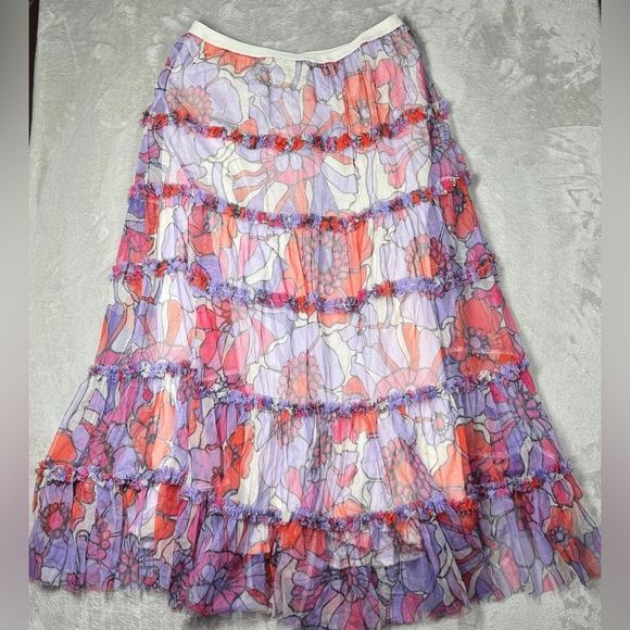 NWT Anthropologie Maeve Floral Tulle Tiered Ruffle A Line Purple Midi Skirt M - Picture 3 of 16
